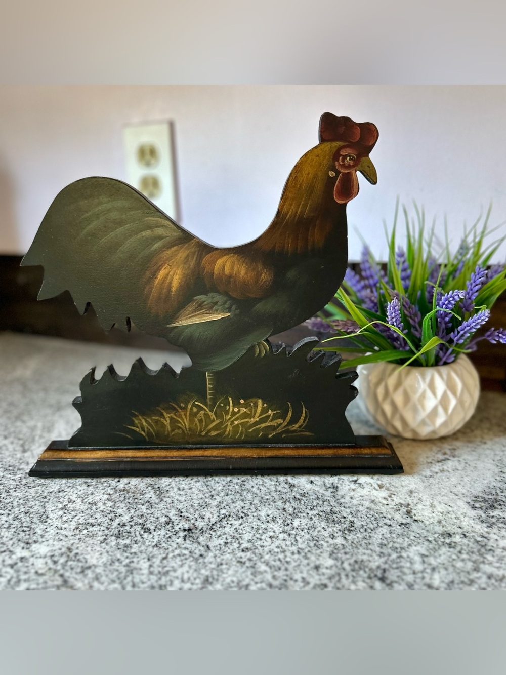 Rustic Rooster Wooden Cutout with Golden Grass Nest Detail